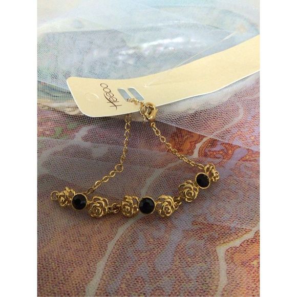 NWT Gold & Black Flower Ankle Bracelet Anklet - Picture 3 of 10